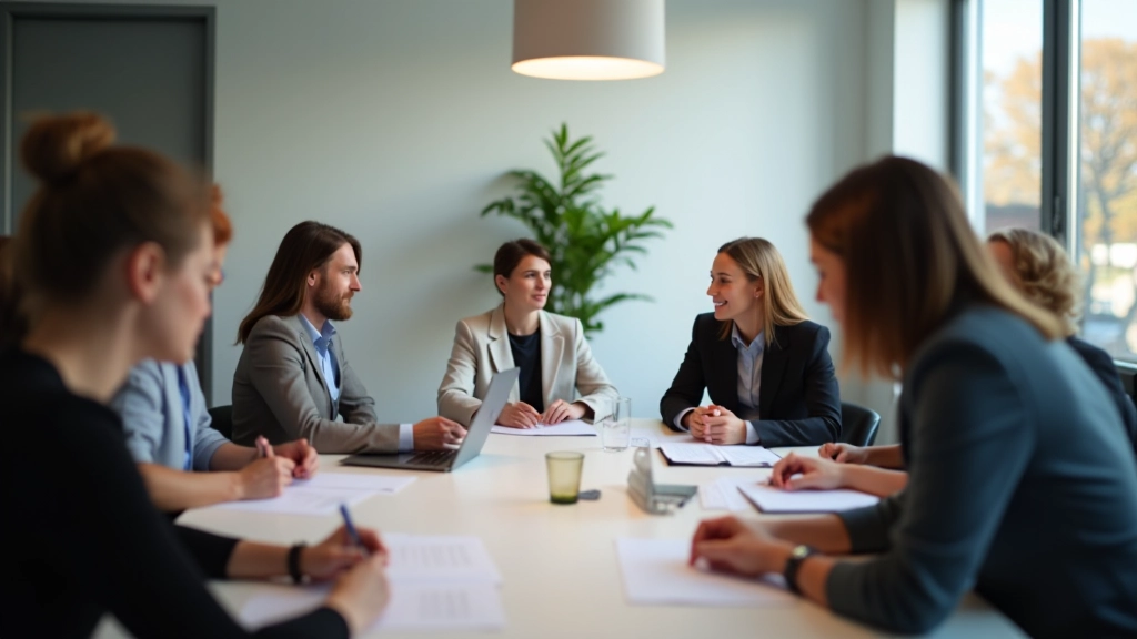 Gruppe von Fachleuten in einer Besprechung, die zusammen ein Problem lösen, positive Körpersprache