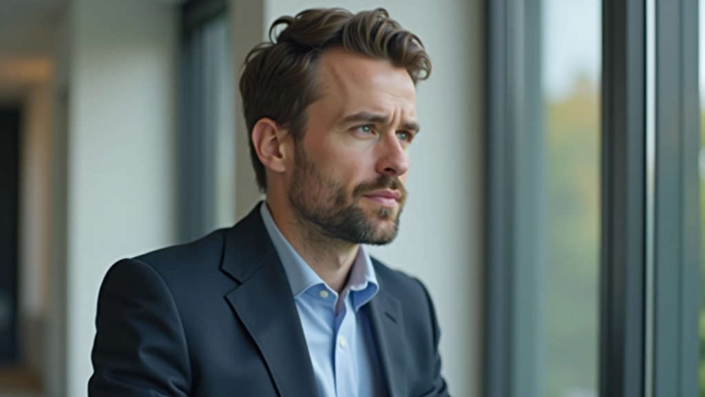 Person, die nachdenklich vor einem Fenster steht und ihre Gedanken zu überdenken scheint, ruhige Büroumgebung