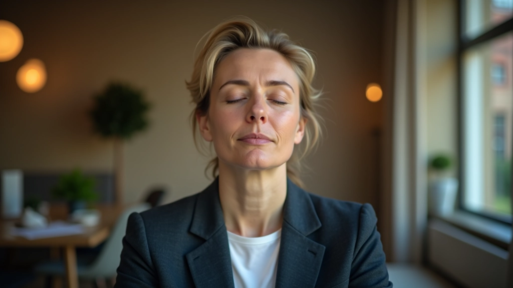 Nahaufnahme einer Person in meditativer Haltung mit fokussiertem Ausdruck, ruhiger Arbeitsbereich mit gedimmtem Licht