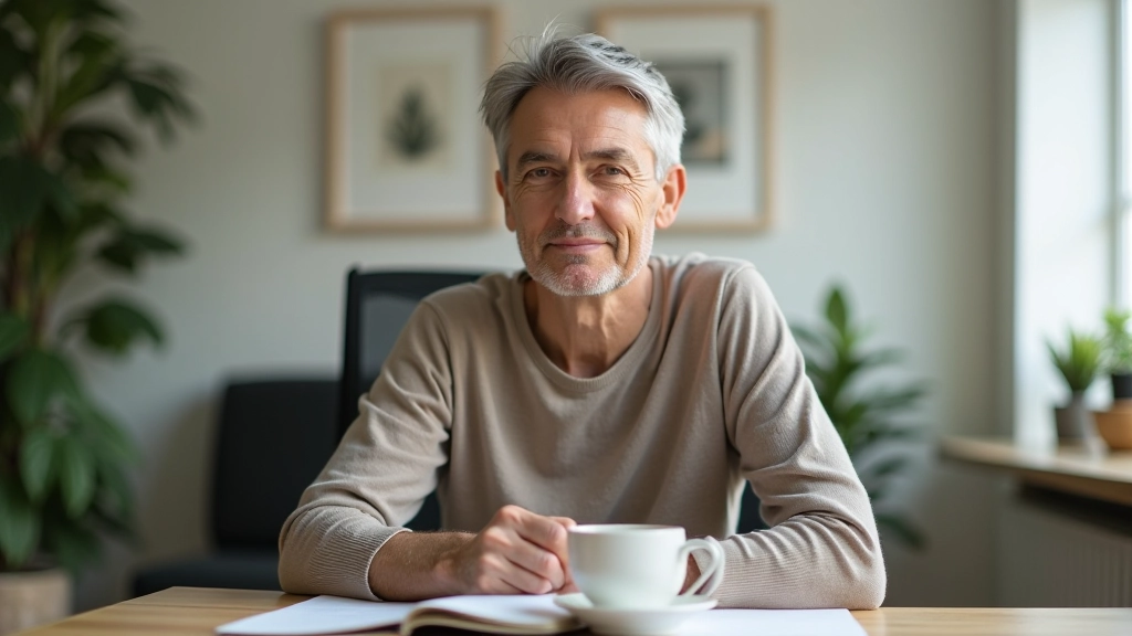 Ruhiger Morgen-Szene: Person sitzt mit Kaffee am Fenster, plant ihren Tag, organisierte Notizen sichtbar