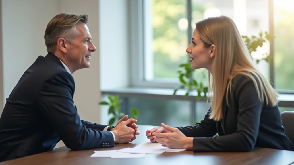 Zwei Menschen sitzen sich gegenüber am Tisch mit Notizblöcken, entspannte Körperhaltung, helles Bürolicht