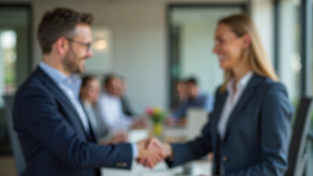 Zwei Profis schütteln sich die Hand nach einem erfolgreichen Gespräch, beide lächeln, helles Licht